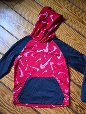 Nike Red Hoodie with Black Sleeves and Swoosh Print Kids Large Drifit